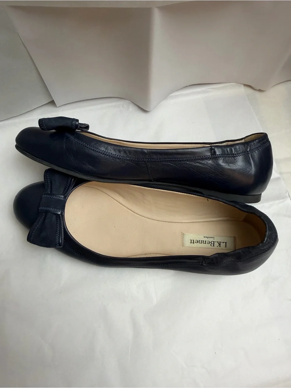 LK Bennett Navy Leather Bow Flat Shoes